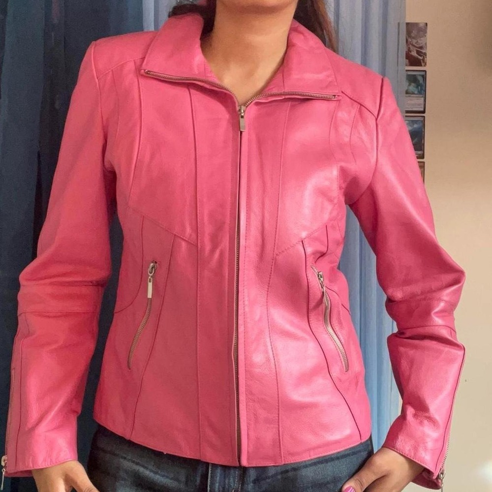 Pink Genuine Leather Moto Jacket